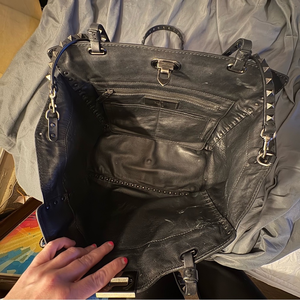Valentino Garavani Noir Rockstud Tote Bag Black Leather Shoulder Bag Italy Large - Picture 9 of 11